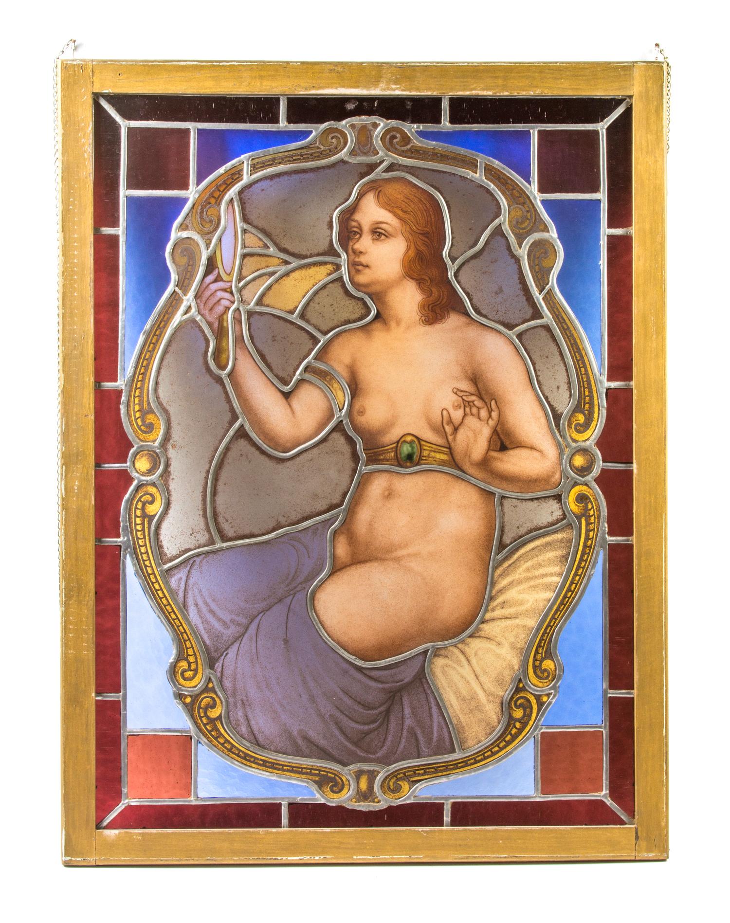 A Continental Stained Glass Panel, Height 30 1/2 x width 22 1/2 inches.