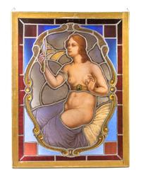 A Continental Stained Glass Panel, Height 30 1/2 x width 22 1/2 inches.