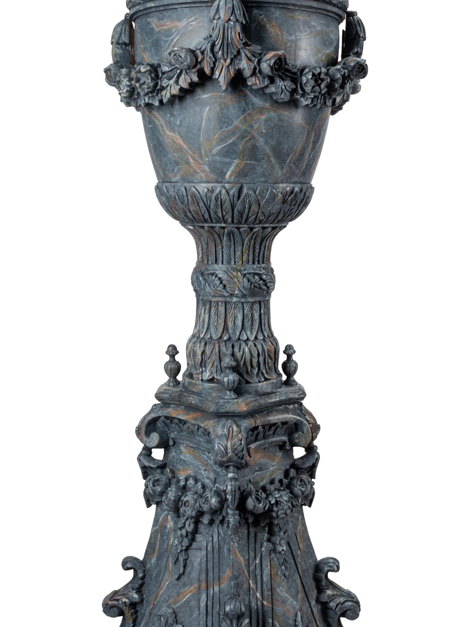 A Pair of Italian Faux Marble Painted Carved Wood Urns on Stands