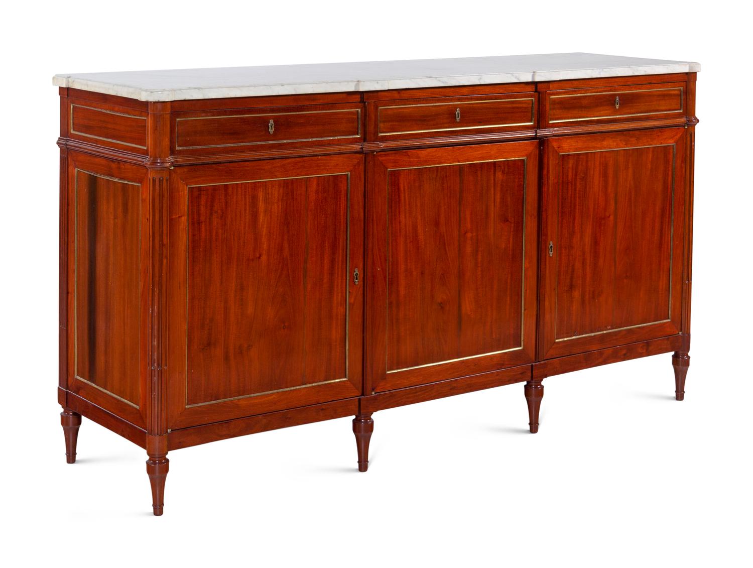 A Louis Philippe Brass Inlaid Mahogany Marble-Top Serving Cabinet