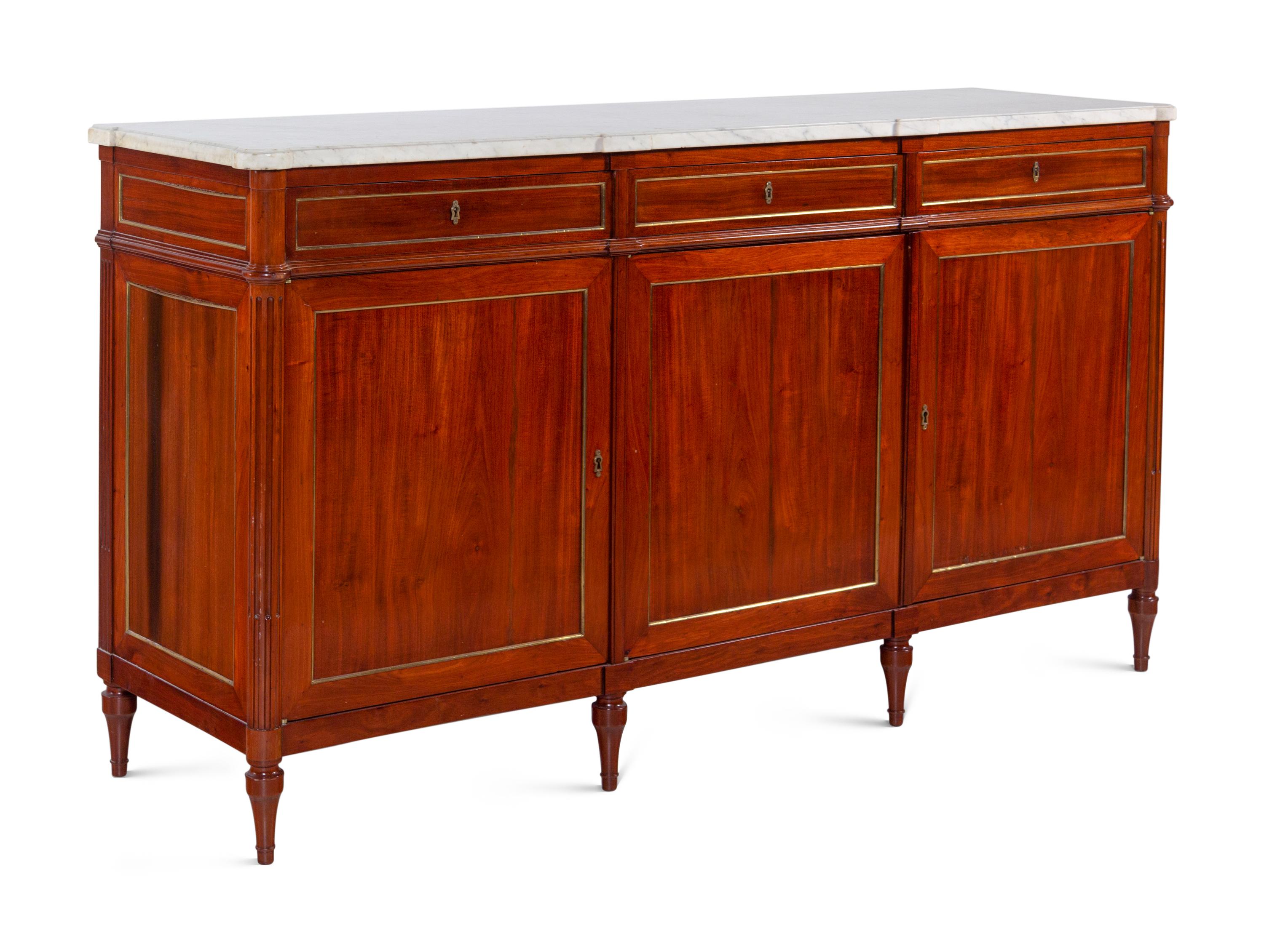 A Louis Philippe Brass Inlaid Mahogany Marble-Top Serving Cabinet