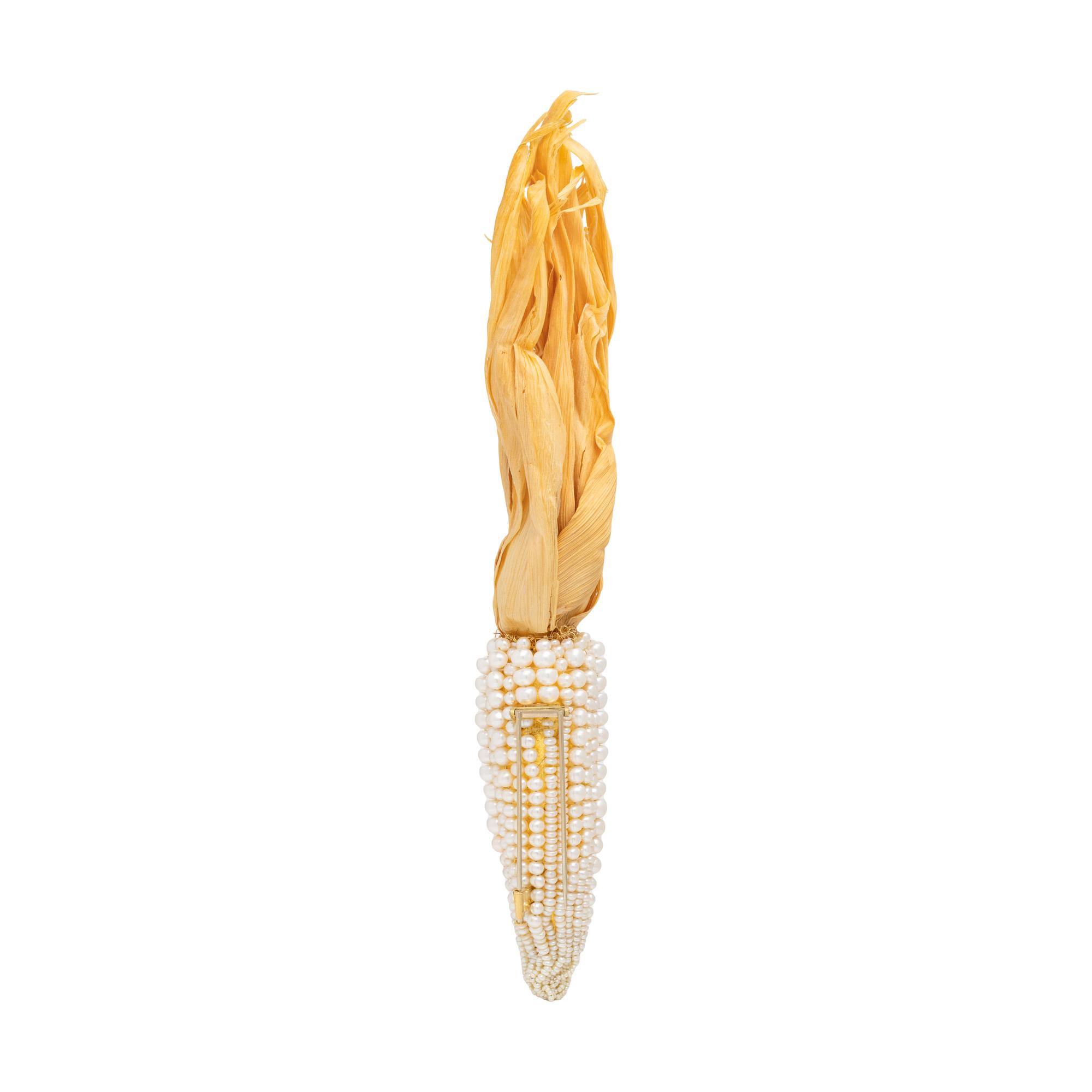 YELLOW GOLD, CULTURED PEARL AND CORN HUSK PIN