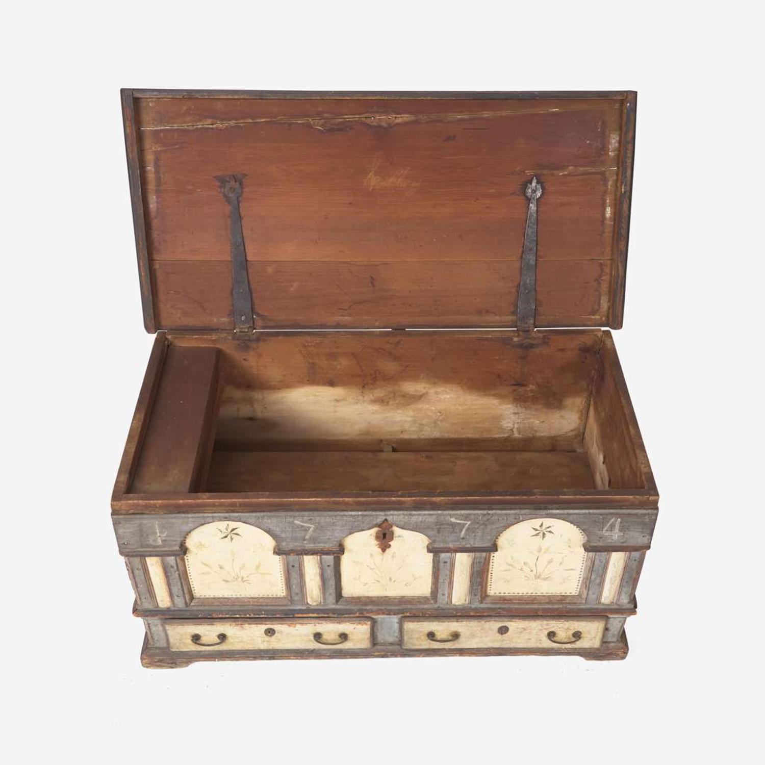 A painted and decorated architectural blanket chest Lancaster, Pennsylvania, dated "1774"