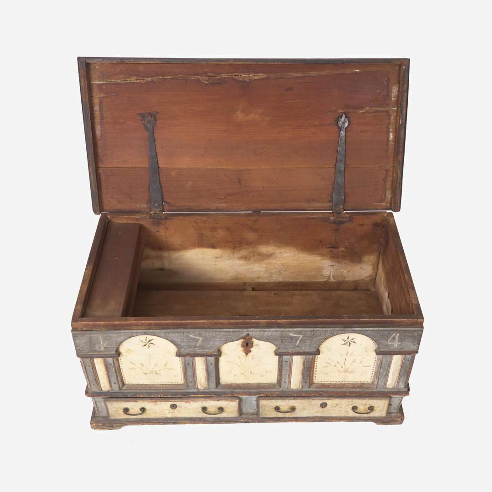 A painted and decorated architectural blanket chest Lancaster, Pennsylvania, dated "1774"