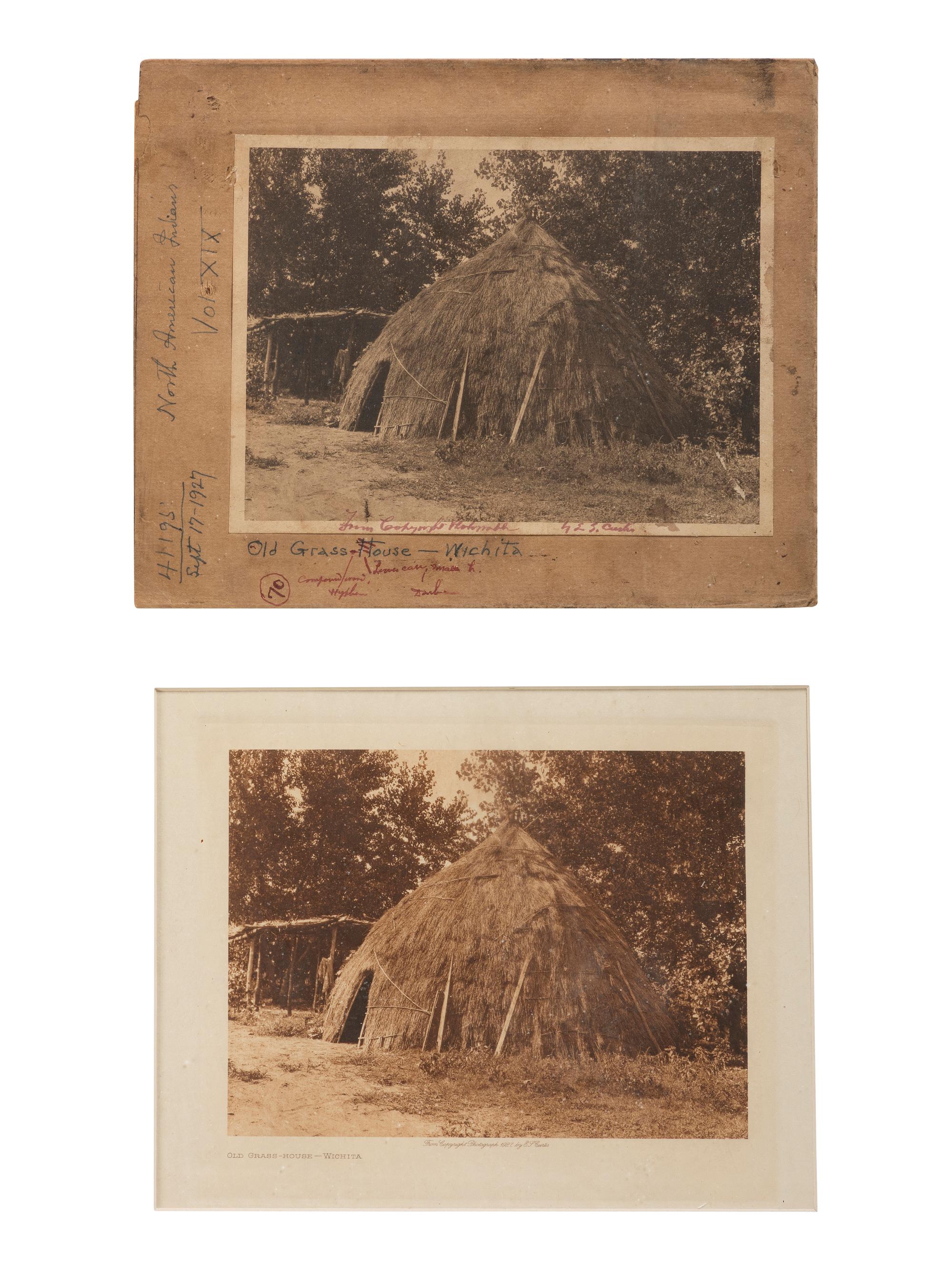 CURTIS, Edward, photographer. Old Grass House - Wichita . Signed proof print with finished photogravure.