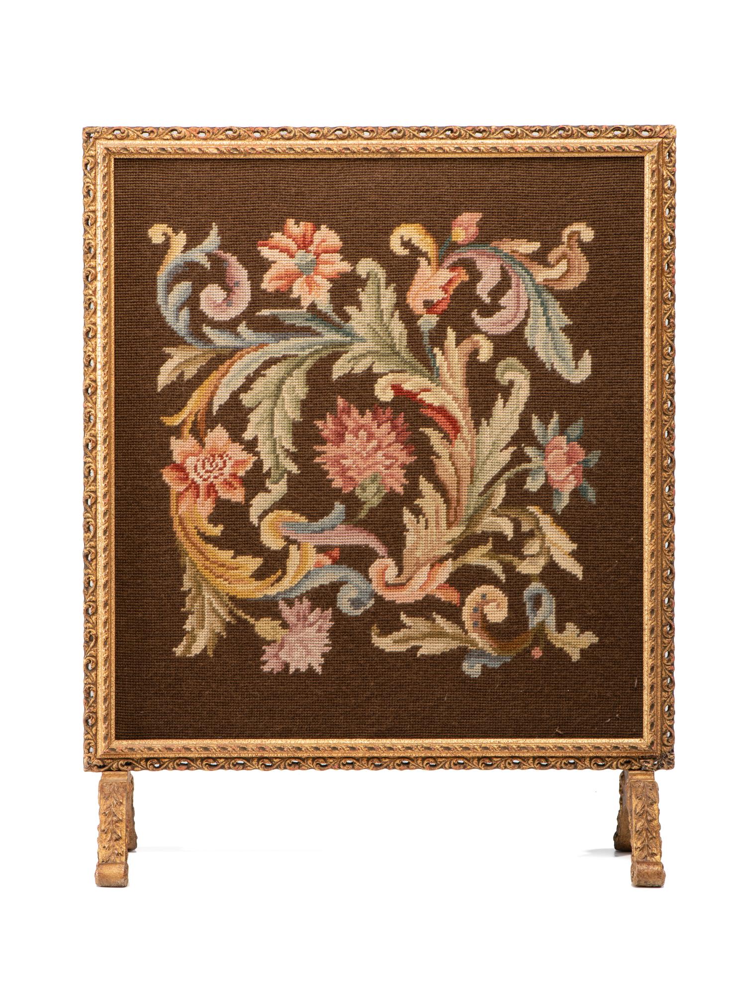 An English Wool Needlepoint Foliate Scroll Decorated Fire Screen