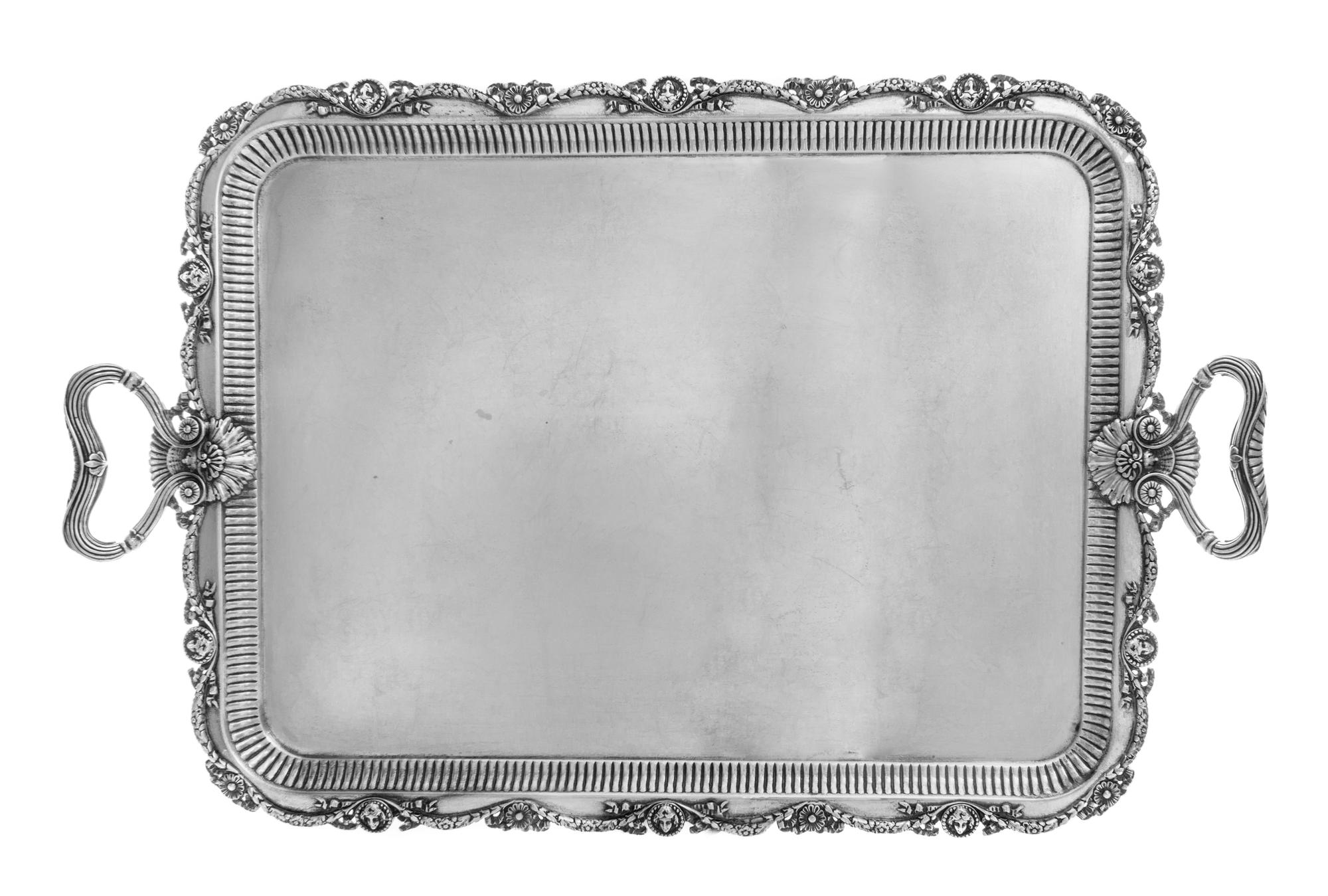 An American Silver Two-Handled Serving Tray, Gorham Mfg. Co., Providence, RI, 1910, having a floral festoon, rocaille and mask decorate