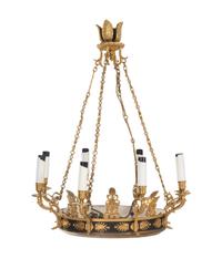 An Empire Style Gilt Bronze and Green Tôle Eight-Light Chandelier