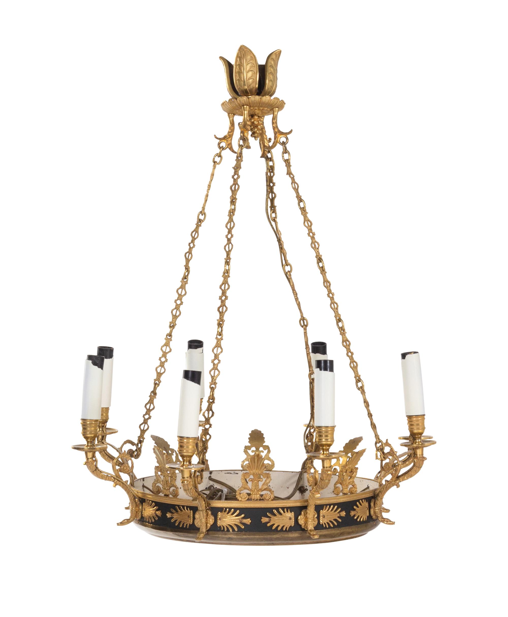 An Empire Style Gilt Bronze and Green Tôle Eight-Light Chandelier