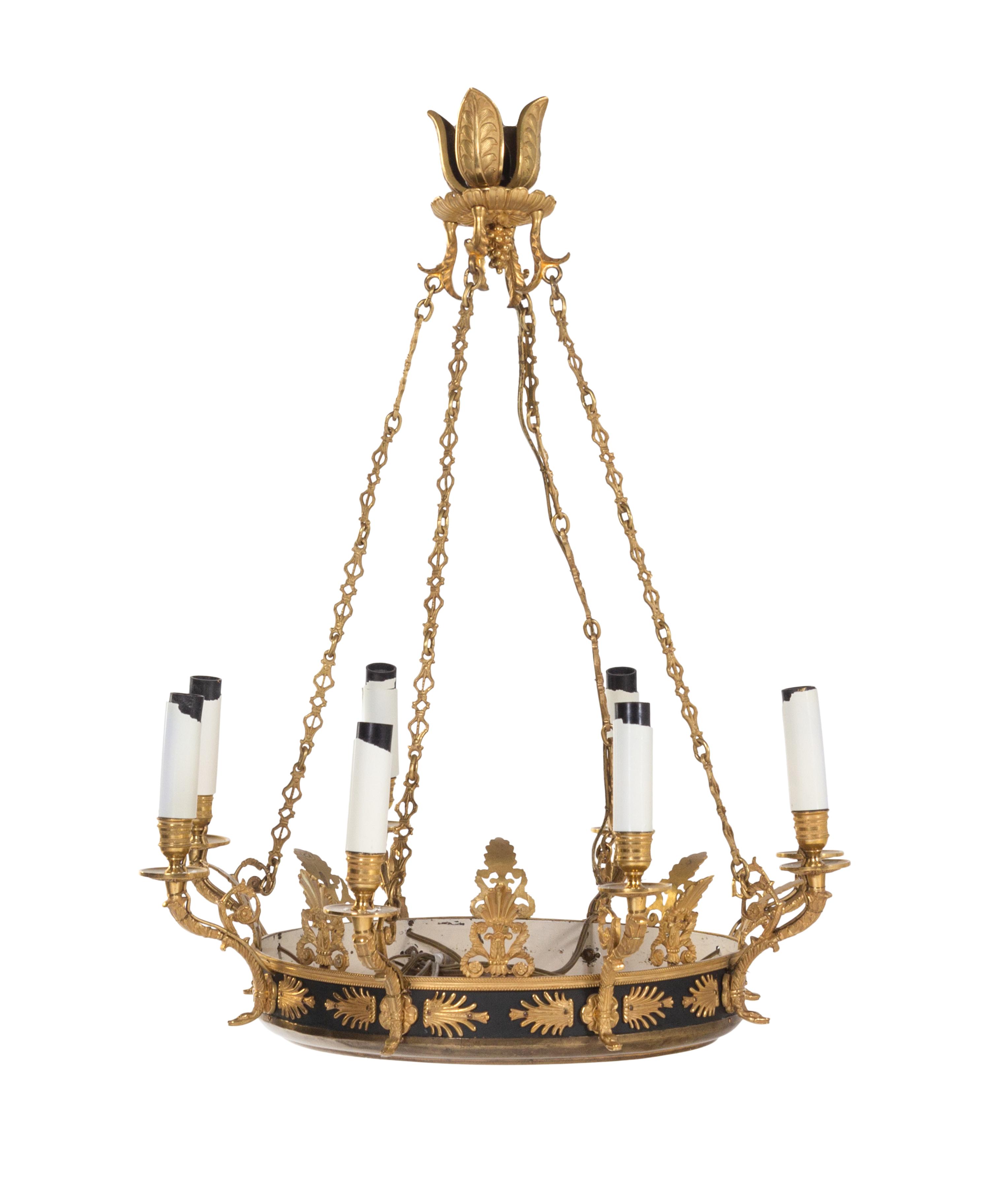 An Empire Style Gilt Bronze and Green Tôle Eight-Light Chandelier