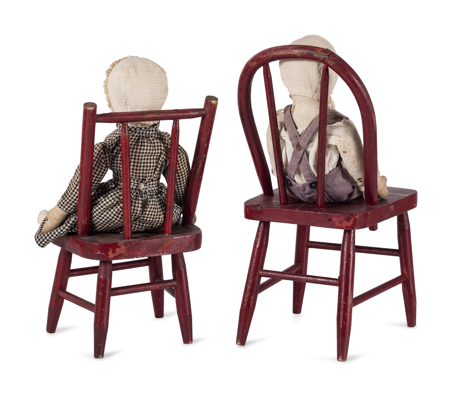 Two Red Painted Wood Child’s Chairs with Dolls