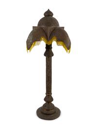 A Moroccan Pierced Brass Floor Lamp with Beaded Fringe Shade — 20TH CENTURY