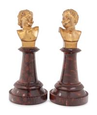 A Pair of French Gilt Bronze and Marble Busts