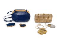 Six Judith Leiber Items: Snakeskin Bag, Metal Minaudière, and Four Belts