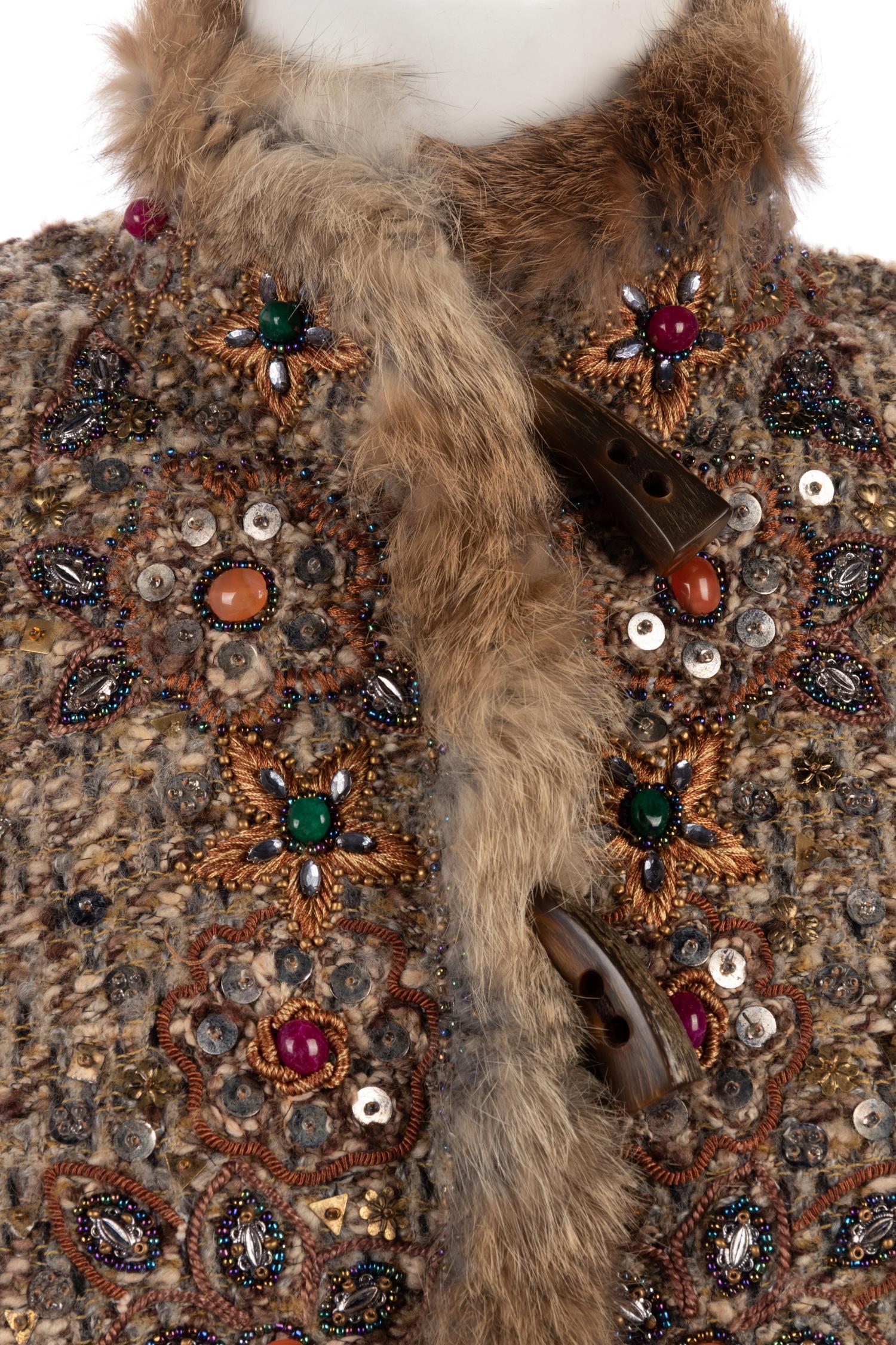 Oscar de la Renta Embellished Two-Piece Skirt Ensemble Trimmed with Rabbit Fur