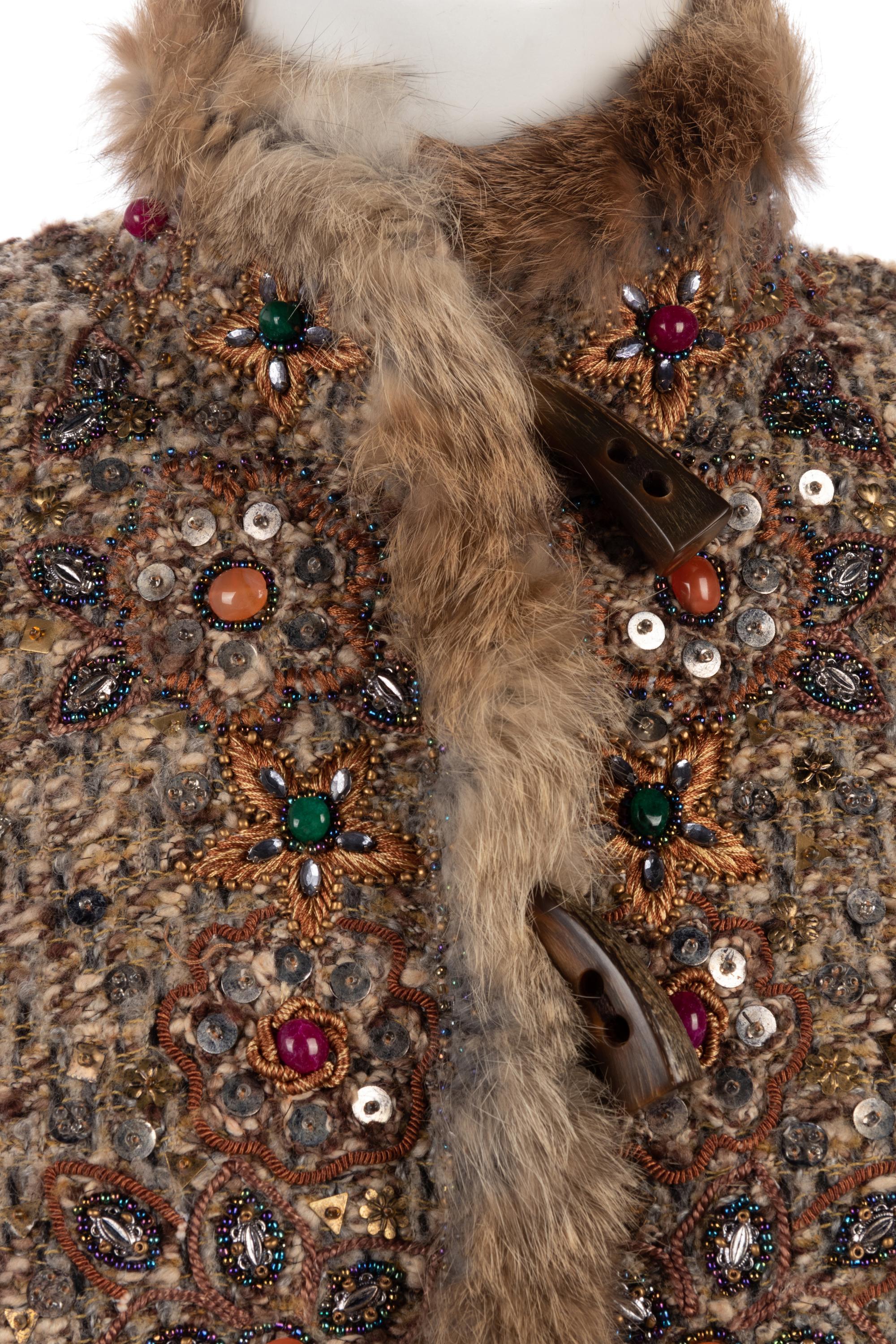 Oscar de la Renta Embellished Two-Piece Skirt Ensemble Trimmed with Rabbit Fur