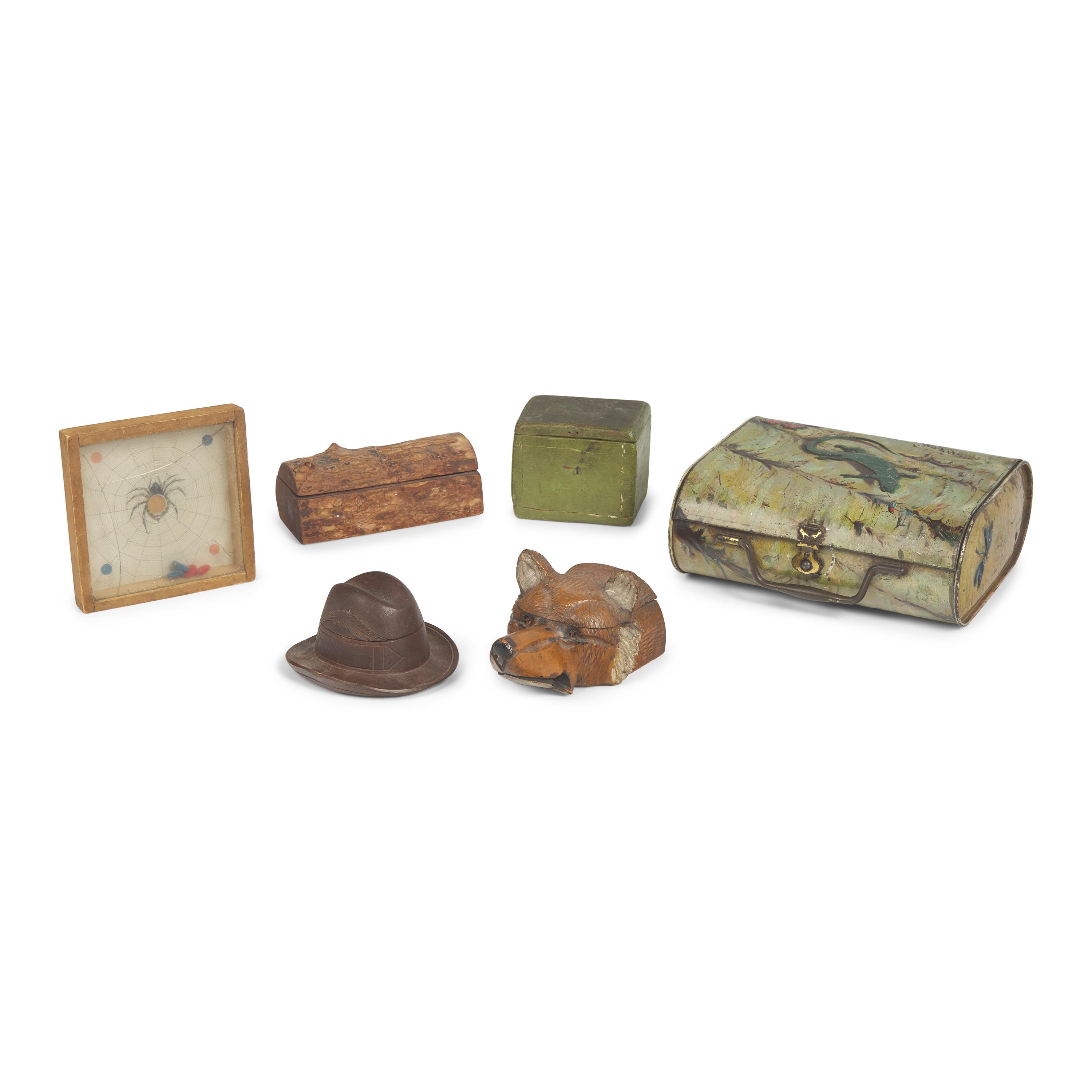 A Group of Five Assorted Boxes and Inkwells, Together with The Spider and the Fly Game