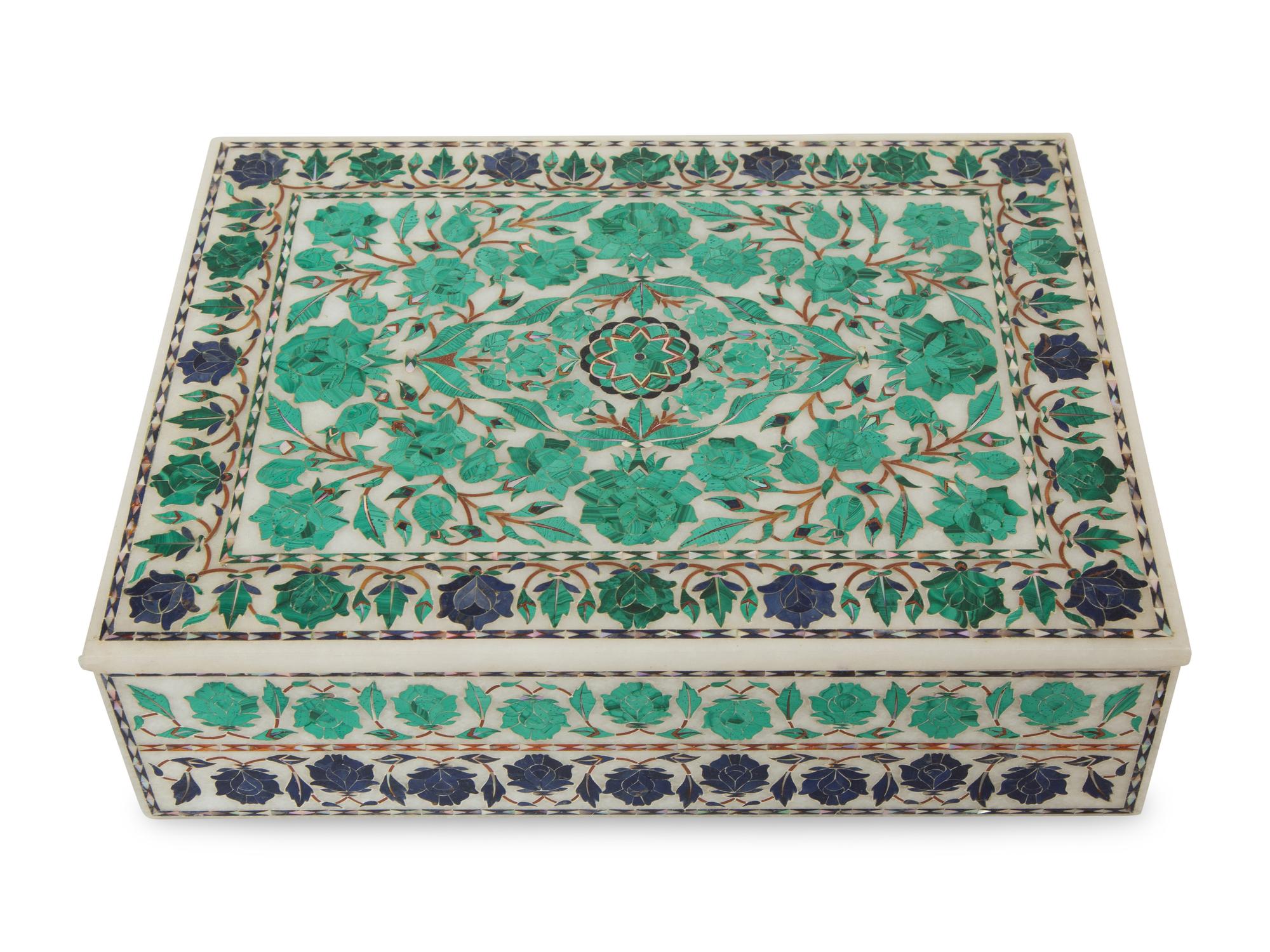An Indian Malachite and Lapis Lazuli Inlaid Alabaster Box