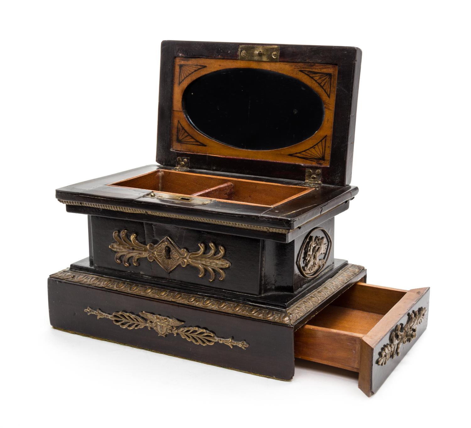 An Empire Gilt Metal Mounted Mahogany Sewing Box Height 5 1/2 x width 7 x depth 4 1/2 inches.