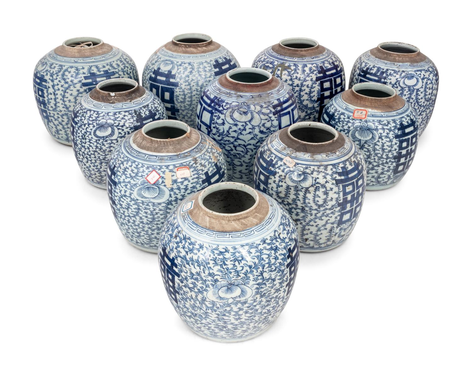 10 Chinese Blue and White Porcelain 'Double Happiness' Jars