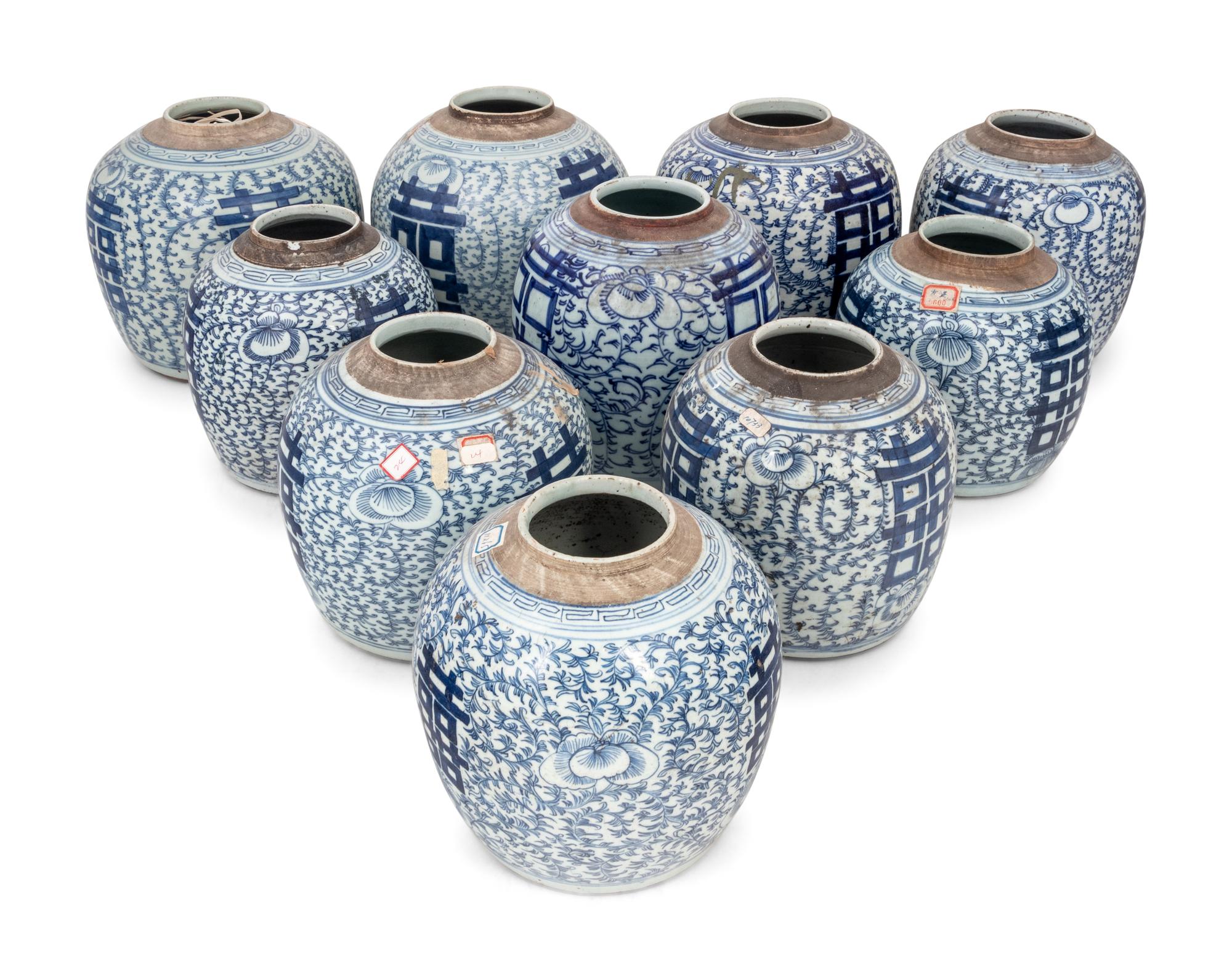 10 Chinese Blue and White Porcelain 'Double Happiness' Jars