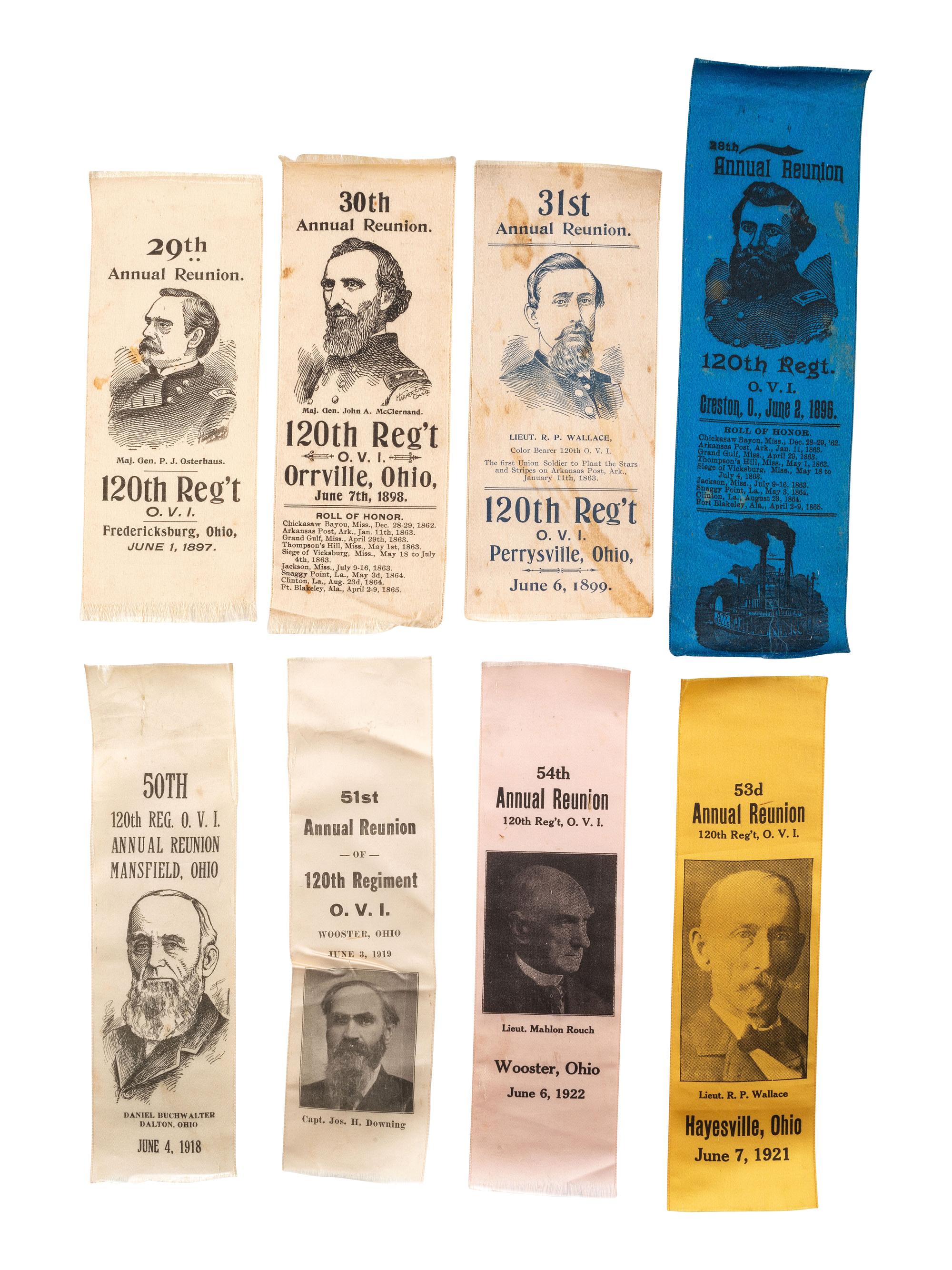 [CIVIL WAR]. A group of GAR ribbons, most for 120th Ohio Volunteer Infantry Reunions.