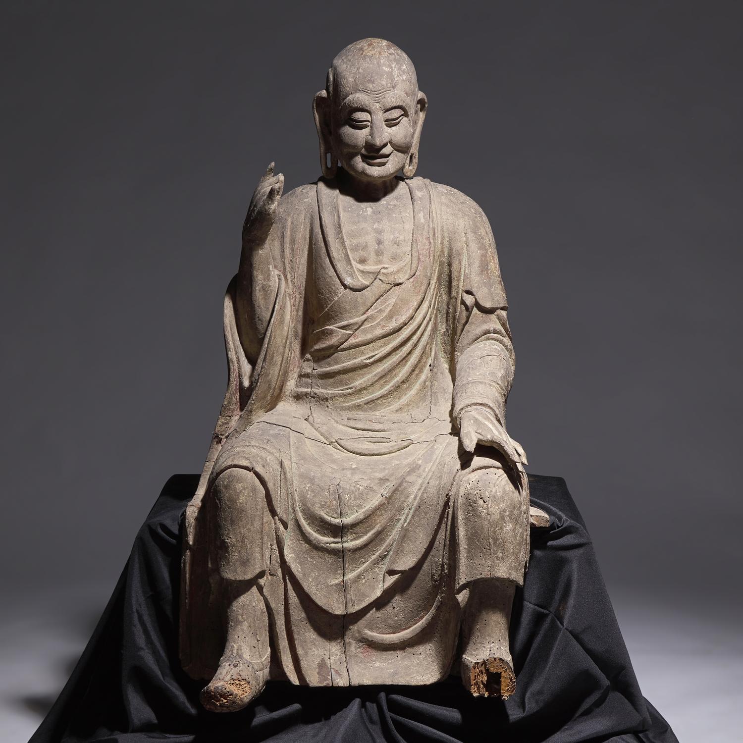 A Large Chinese Carved Wood Seated Figure of Luohan, Ming Dynasty 明 木雕大羅漢像