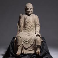 A Large Chinese Carved Wood Seated Figure of Luohan, Ming Dynasty 明 木雕大羅漢像