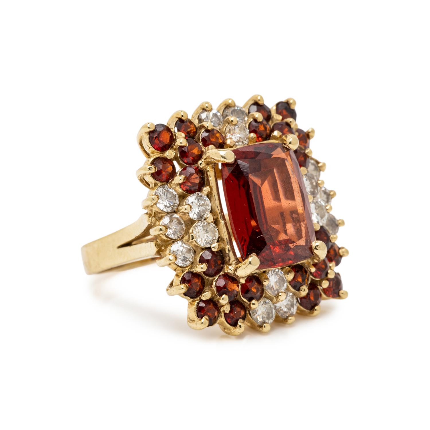 GARNET, DIAMOND, AND YELLOW GOLD RING