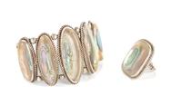 Southwestern Silver and Mother-of-Pearl Cuff Bracelet and Ring Length 5 1/2 x opening 2 3/4 x width 2 inches
