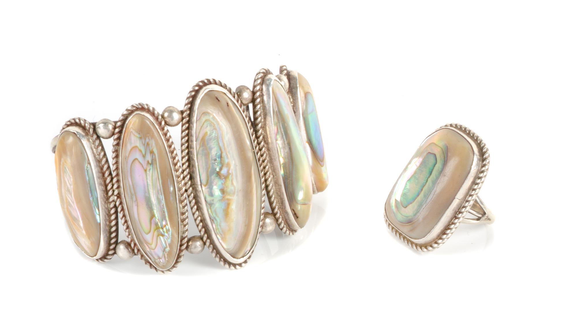 Southwestern Silver and Mother-of-Pearl Cuff Bracelet and Ring Length 5 1/2 x opening 2 3/4 x width 2 inches
