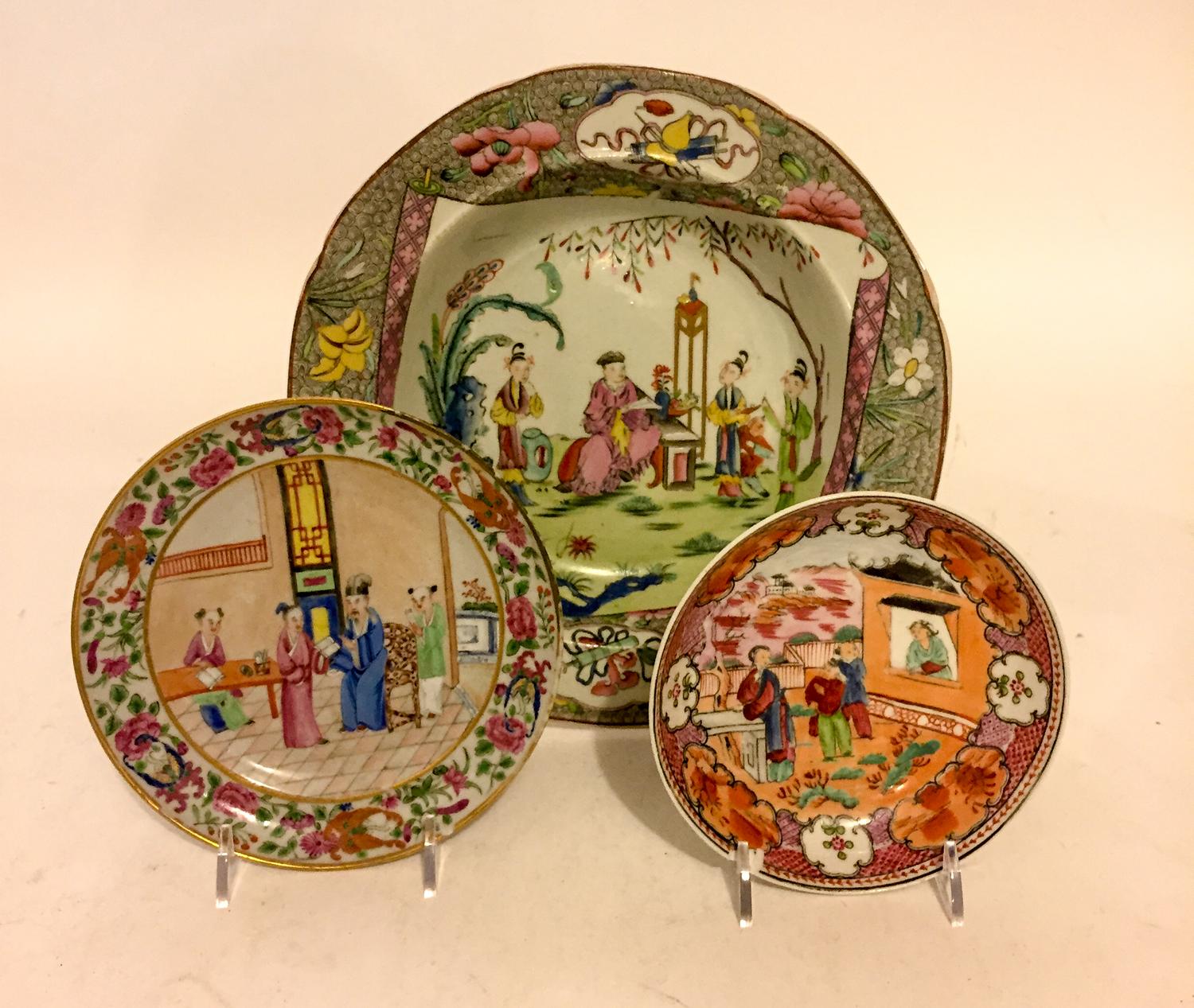 Two Chinese Export Porcelain Saucers with an Associated Bowl. Diameter of largest 9 1/2 inches.