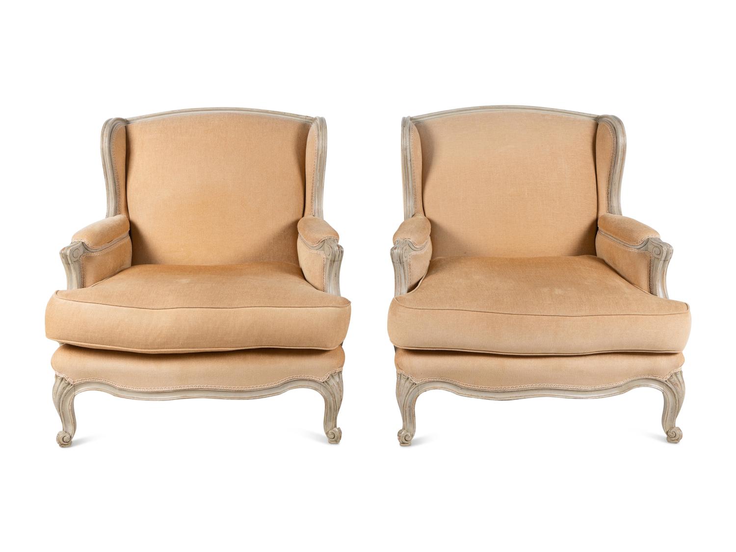A Pair of Louis XV Style Gray-Painted Bergères