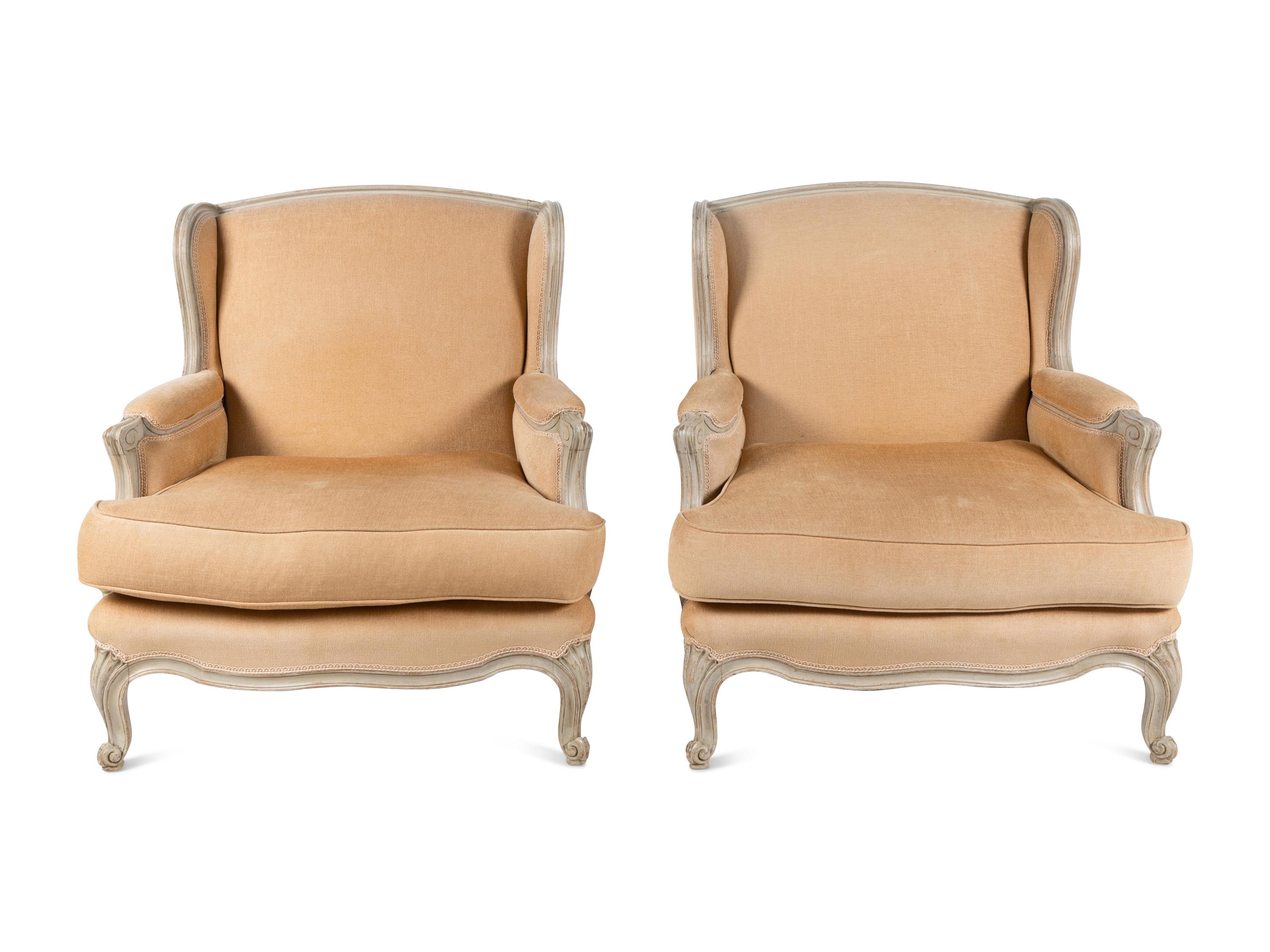 A Pair of Louis XV Style Gray-Painted Bergères