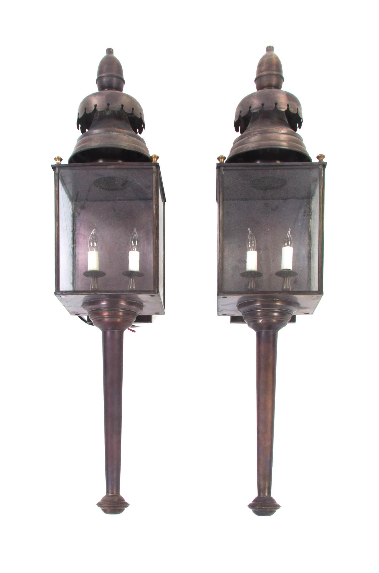 A Pair of English Style Metal and Glass Lanterns, MCLEAN LIGHTING, Height 41 inches. — MCLEAN LIGHTING,