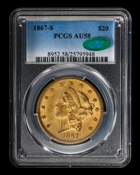 A United States 1867-S Liberty Head $20 Gold Coin