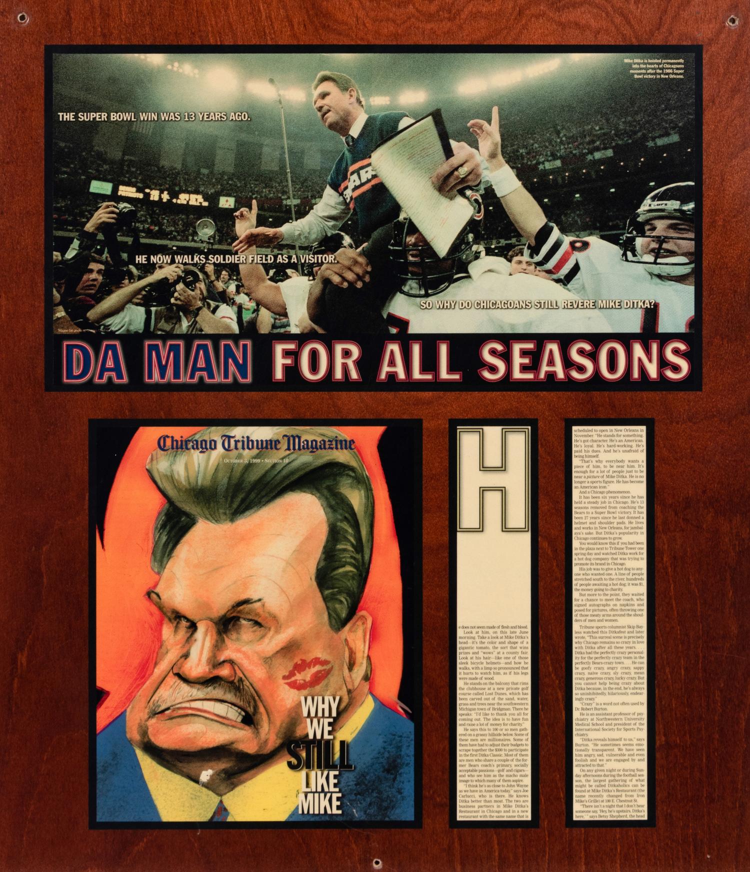 A Group of Five Newspaper and Magazine Clippings Formerly Displayed at Mike Ditka’s Restaurant