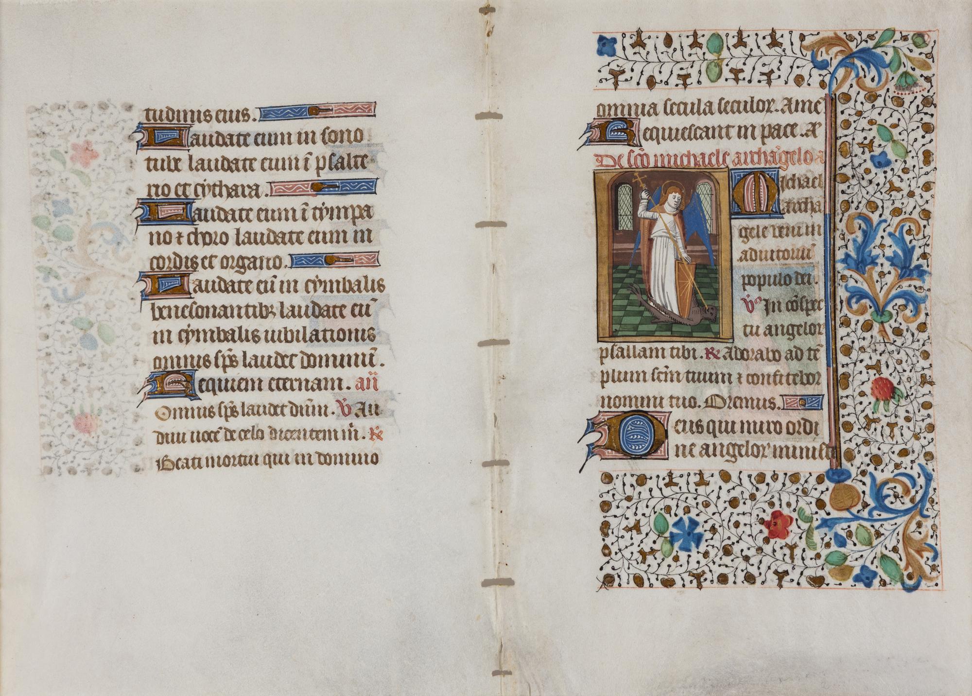 CIRCLE OF MAÎTRE FRANÇOIS (FRANCOIS BARBIER) (active Paris, c. 1460-80) Bifolium from a Book of Hours, with miniatures of Saint Michael and Saint John the Baptist, in Latin, illuminated manuscript on vellum [Paris, c. 1460–70]