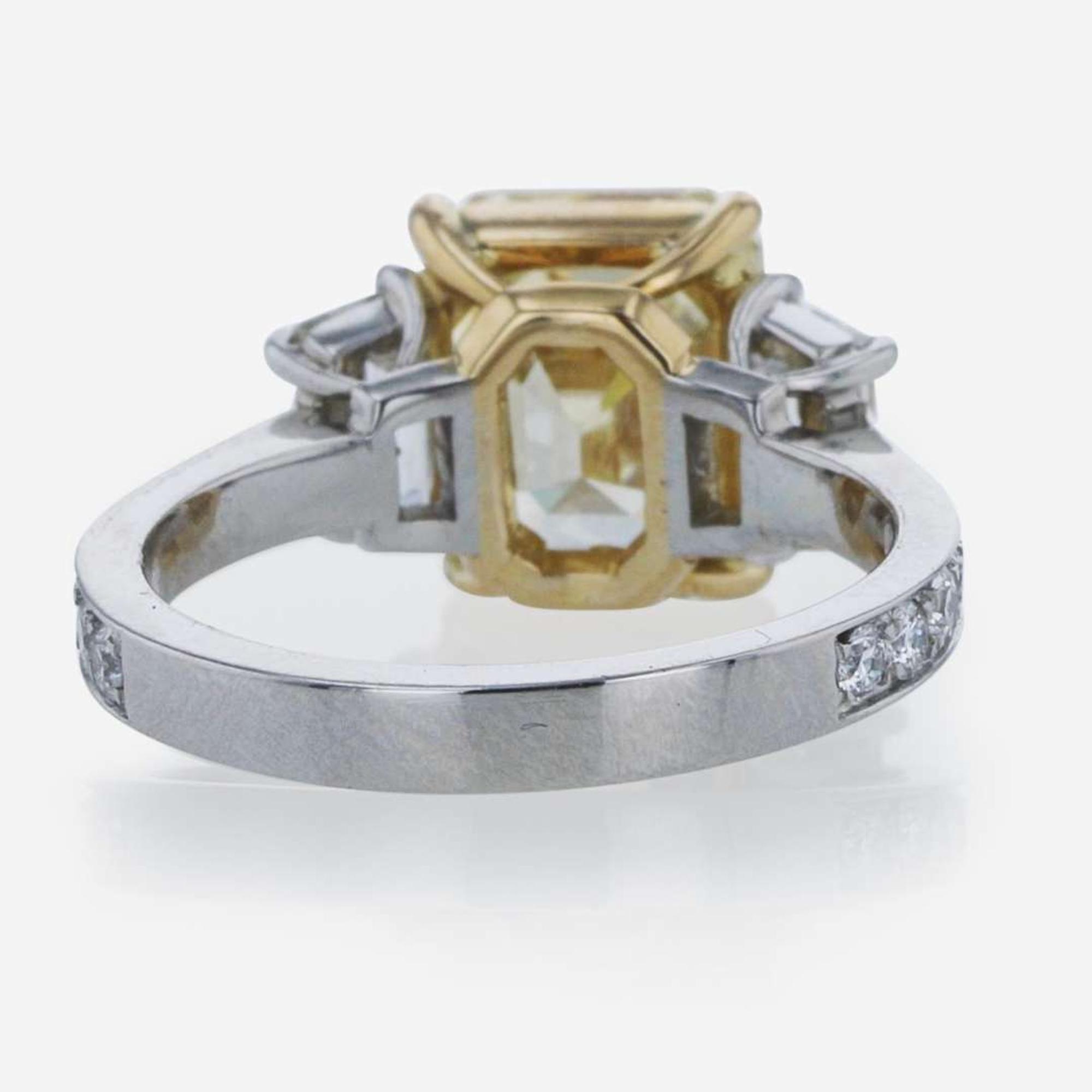 Colored Diamond, Platinum, and 18K White Gold Ring 4.41 Carat Rectangular Step-Cut Colored Diamond, GIA Certified