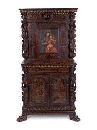 A Spanish Colonial Style Carved Oak and Painted Vargueno Cabinet on Base — 19TH CENTURY