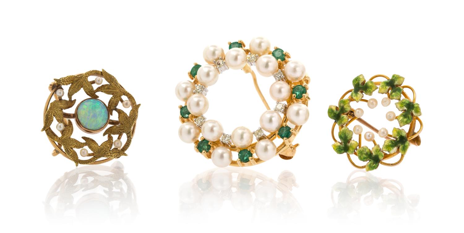 A Collection of Yellow Gold, Multi Gem and Enamel Brooches, 8.40 dwts.