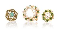 A Collection of Yellow Gold, Multi Gem and Enamel Brooches, 8.40 dwts.