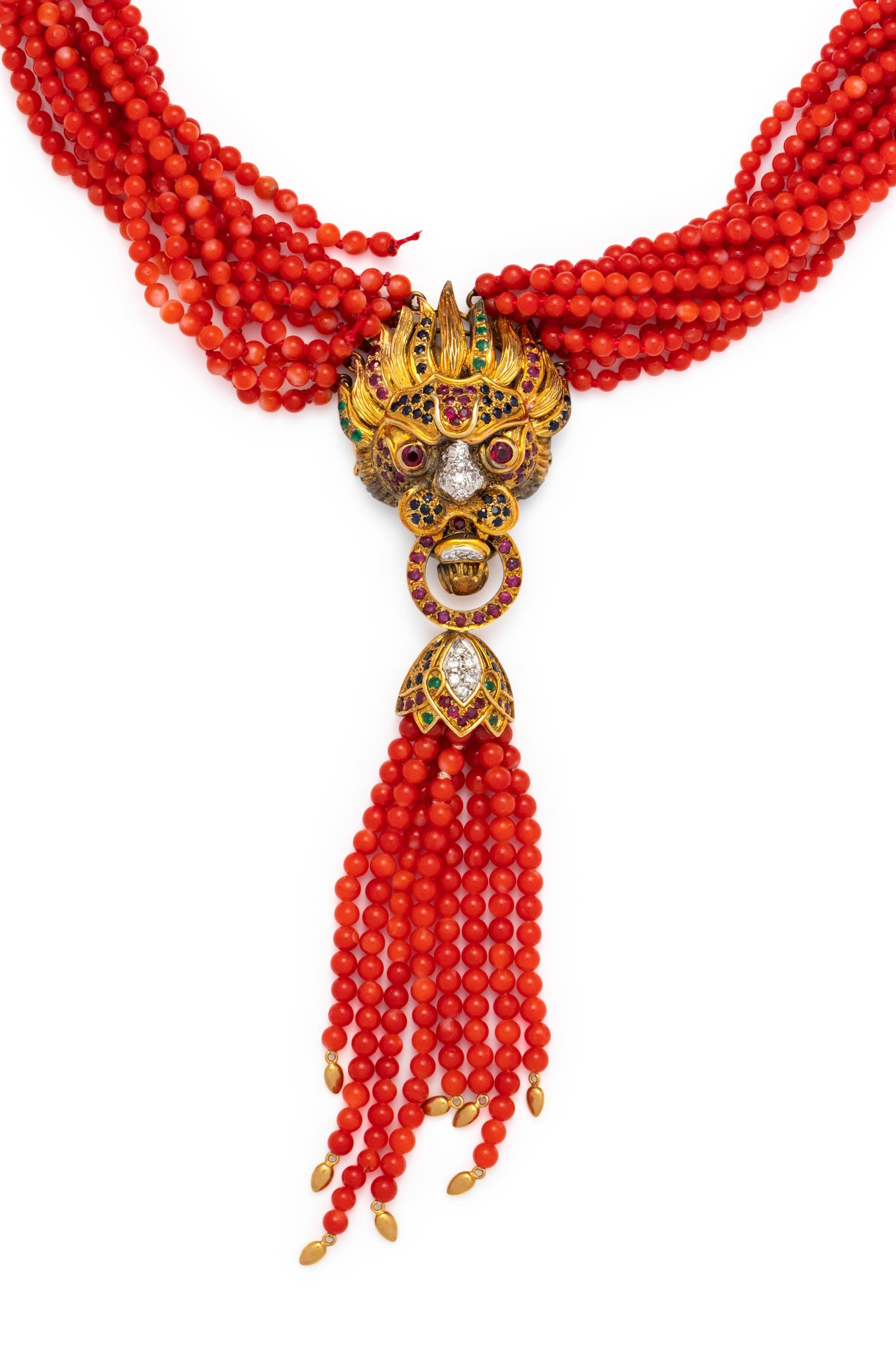 CORAL, MULTIGEM AND DIAMOND TORSADE NECKLACE
