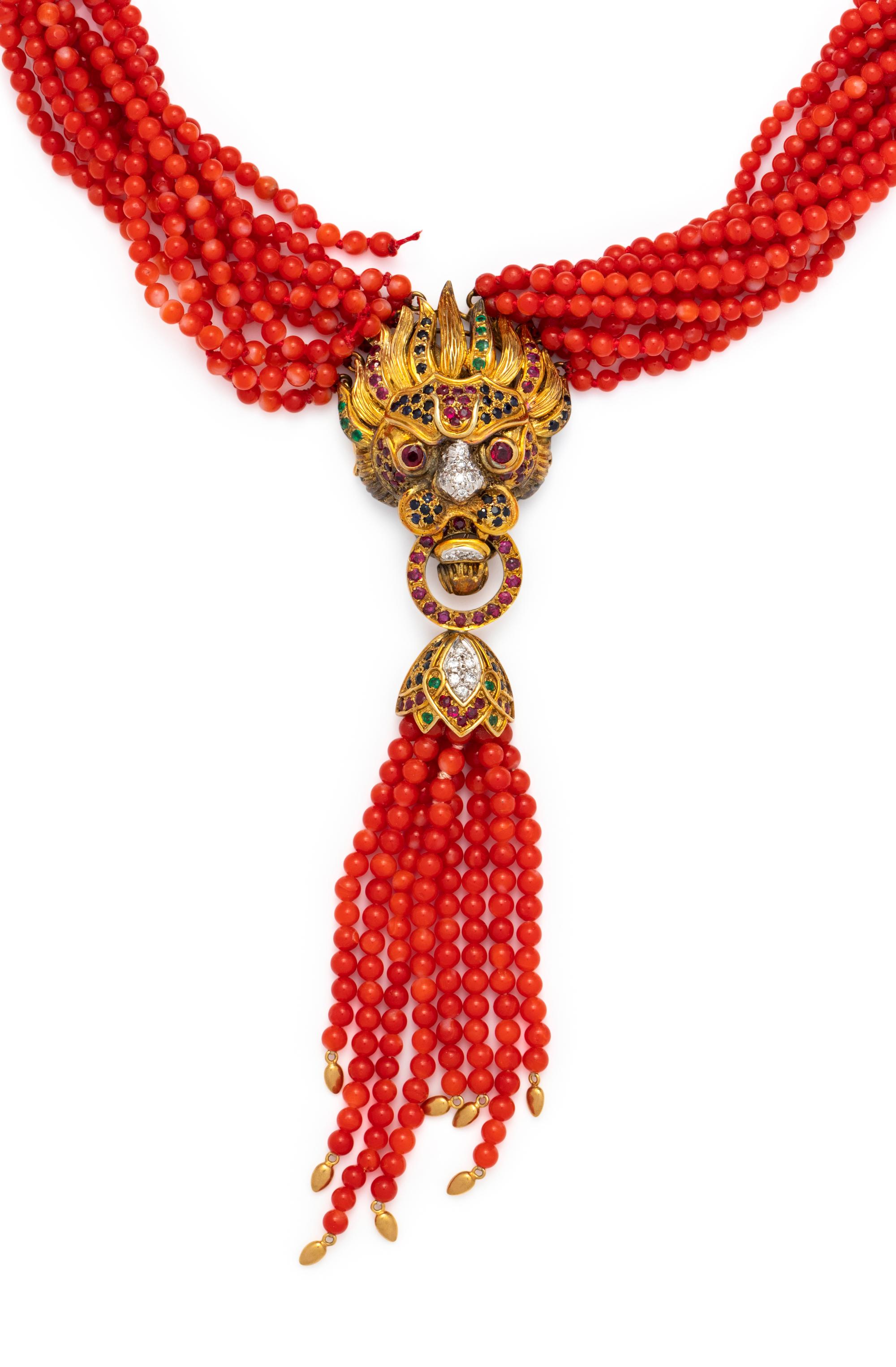 CORAL, MULTIGEM AND DIAMOND TORSADE NECKLACE