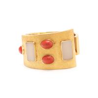 YELLOW GOLD, CORAL AND CHALCEDONY CUFF BRACELET