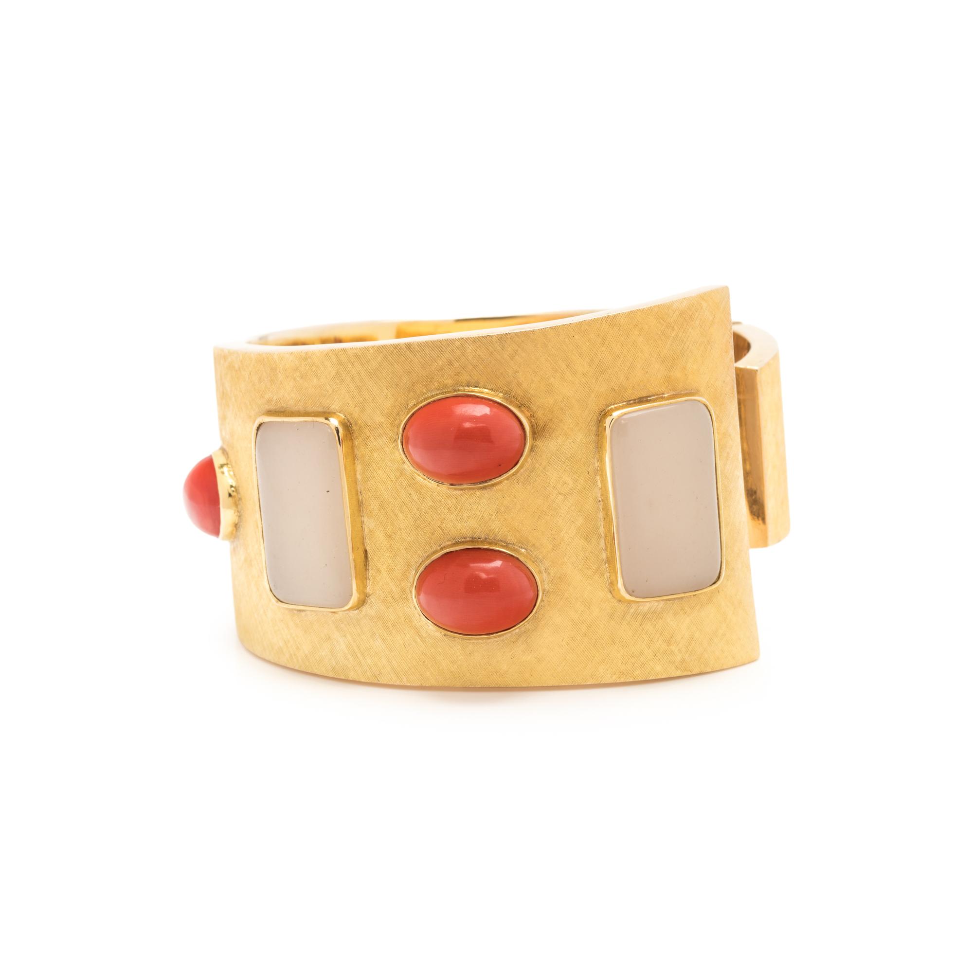 YELLOW GOLD, CORAL AND CHALCEDONY CUFF BRACELET