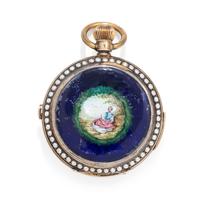SILVER GILT, ENAMEL AND PEARL CHRONOGRAPH HUNTER CASE POCKET WATCH
