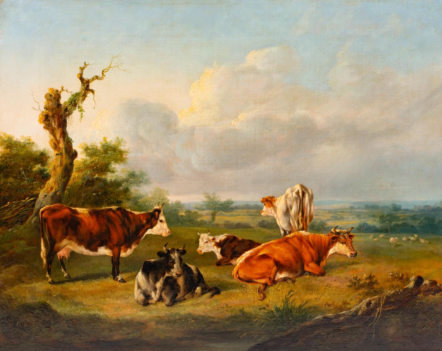 British School, 19th Century Landscape with Cattle oil on canvas apparently unsigned 19 1/2 x 24 1/2 inches.