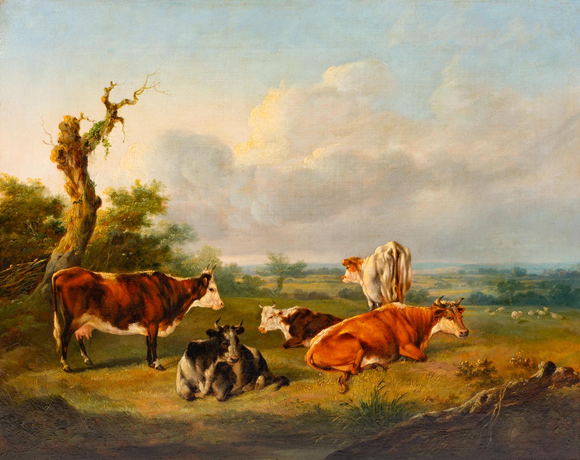 British School, 19th Century Landscape with Cattle oil on canvas apparently unsigned 19 1/2 x 24 1/2 inches.