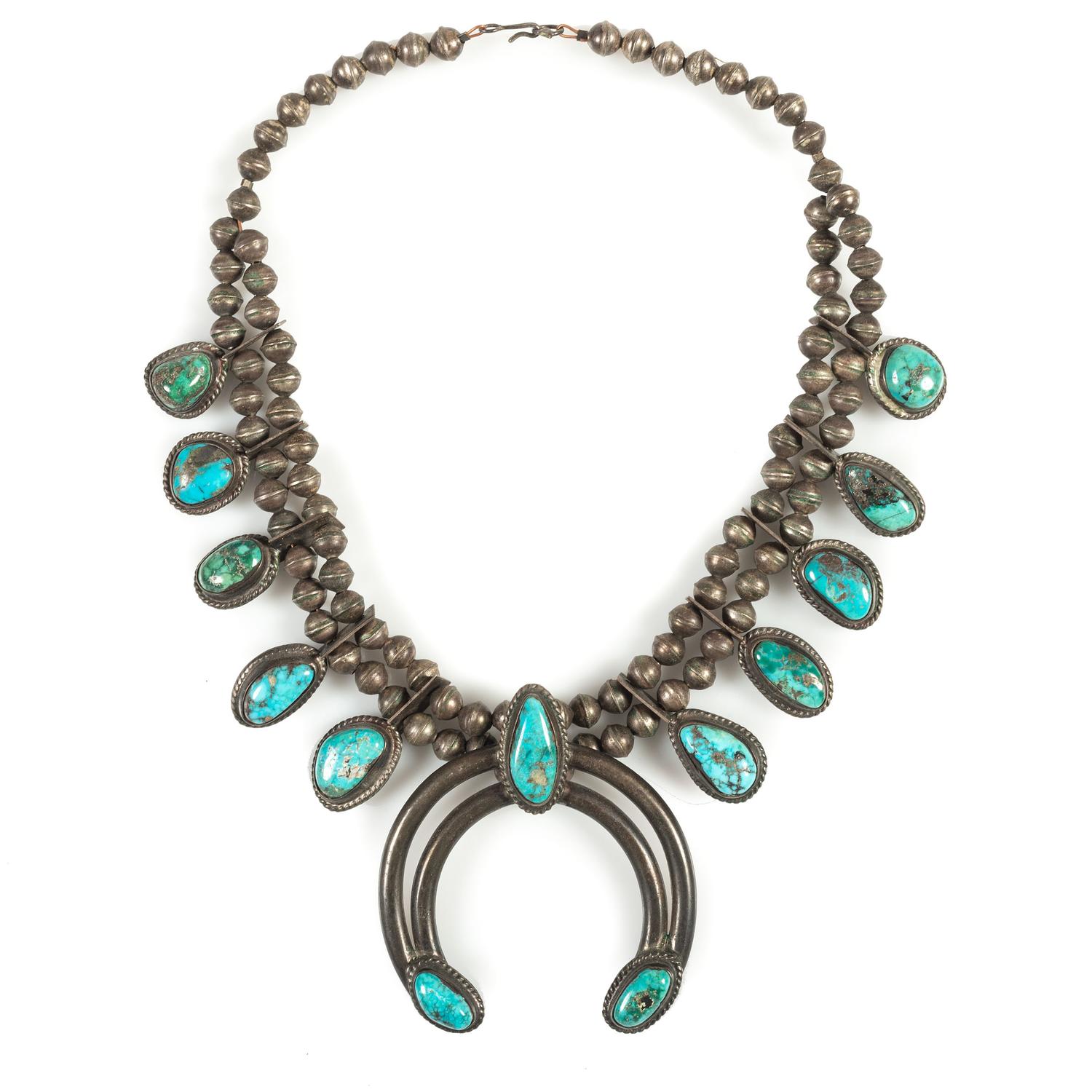 Navajo Silver and Turquoise Squash Blossom Necklace